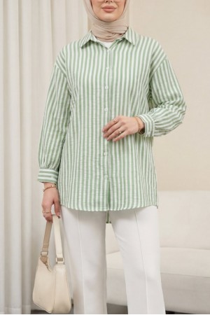 Boydan Düğmeli Çizgili Keten Gömlek -Yeşil
