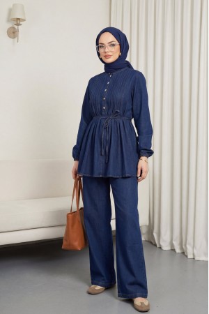 Yarım Düğmeli Önü Pliseli Beli Bağlamalı Pantolonlu Kot Takım   -Laci