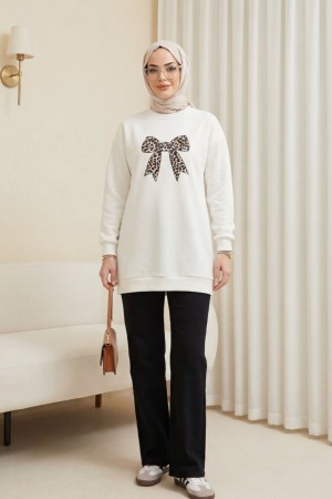 Yuvarlak Yaka Fiyonk Baskılı Salaş Oyşo Tunik -Ekru