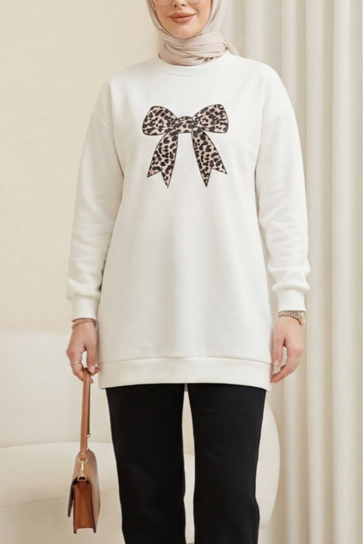Round Neck, Bow Print, Loose Fit Oysho Tunic -Ecru