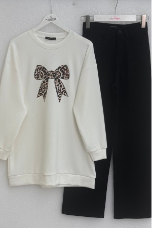 Yuvarlak Yaka Fiyonk Baskılı Salaş Oyşo Tunik -Ekru