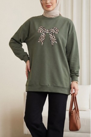 Yuvarlak Yaka Fiyonk Baskılı Salaş Oyşo Tunik -Haki