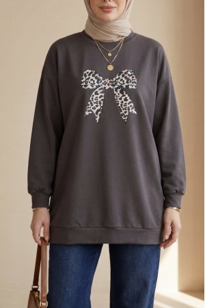 Yuvarlak Yaka Fiyonk Baskılı Salaş Oyşo Tunik -Kahve