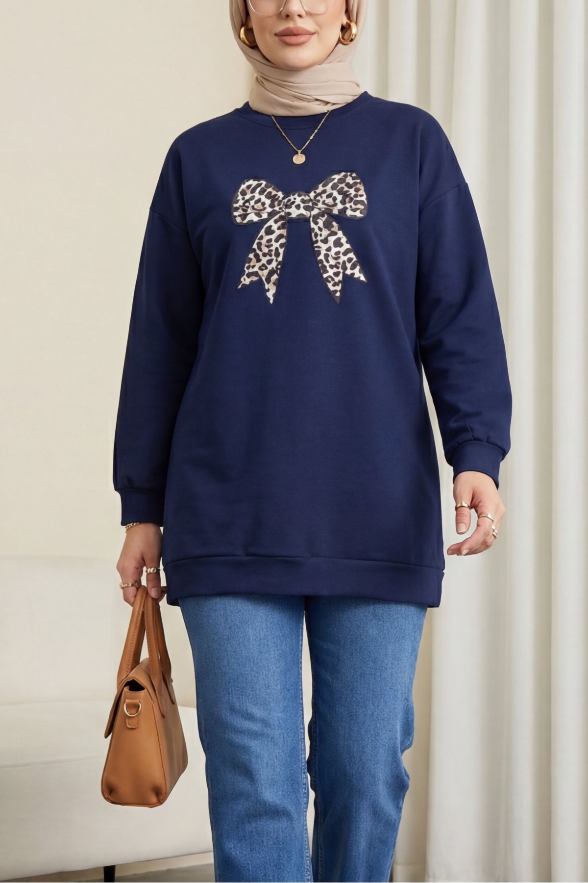 Round Neck, Bow Print, Loose Fit Oysho Tunic -Navy blue