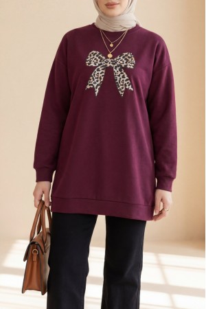 Yuvarlak Yaka Fiyonk Baskılı Salaş Oyşo Tunik -Mürdüm