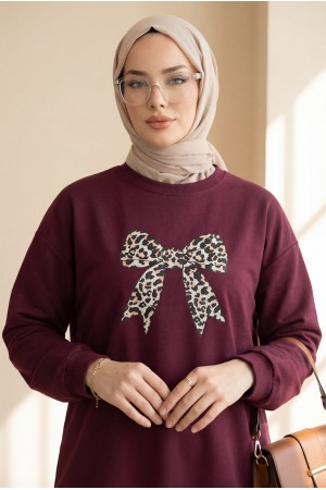 تونيك أويشو بياقة دائرية، مزين بطبعة فيونكة، وقصة فضفاضة -لون الخوخ