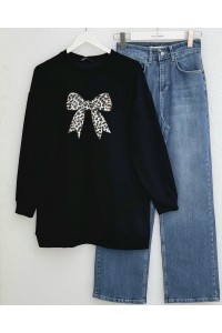 Yuvarlak Yaka Fiyonk Baskılı Salaş Oyşo Tunik -Siyah