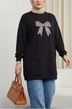 Yuvarlak Yaka Fiyonk Baskılı Salaş Oyşo Tunik -Siyah