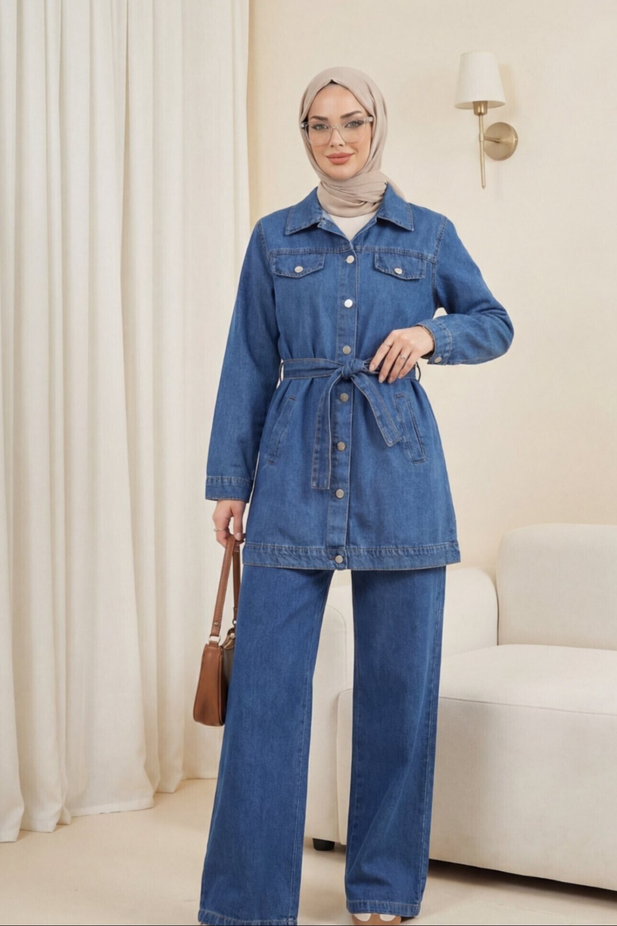 Buttoned  Waist Belted Pocket Denim Two Piece Set  -Blue