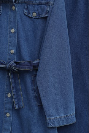 Düğmeli Beli Kemerli Cepli Kot İkili Takım  -Mavi