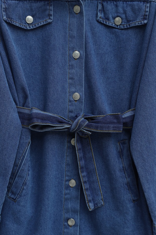 Buttoned  Waist Belted Pocket Denim Two Piece Set  -Blue