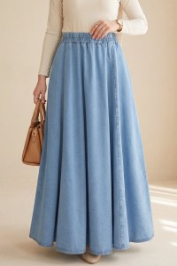 Denim Skirt with Side Pockets and Elastic Waistband -Light blue