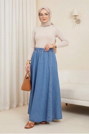 Yan Cepli Beli Lastikli Kot Etek -Açık Mavi