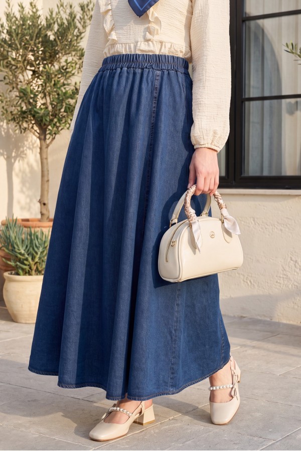 Denim Skirt with Side Pockets and Elastic Waistband -Dark blue