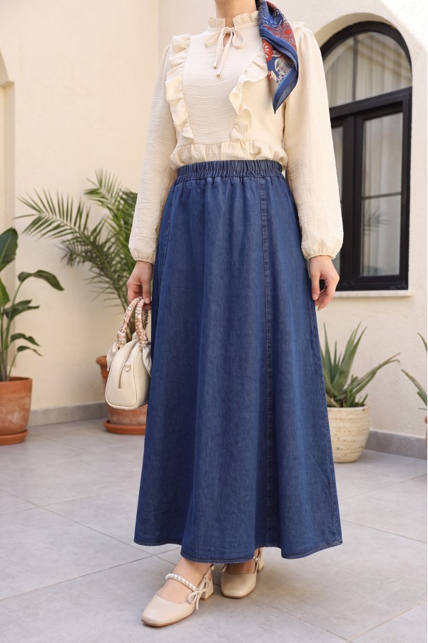 Denim Skirt with Side Pockets and Elastic Waistband -Dark blue
