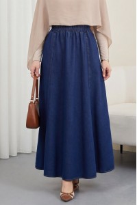 Denim Skirt with Side Pockets and Elastic Waistband -Navy blue
