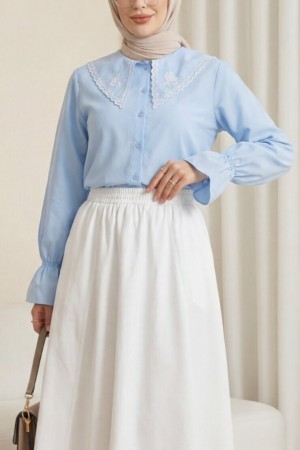 Bebe Yaka Fistolu Kolu Lastikli Poplin Gömlek Bluz -Bebe Mavi