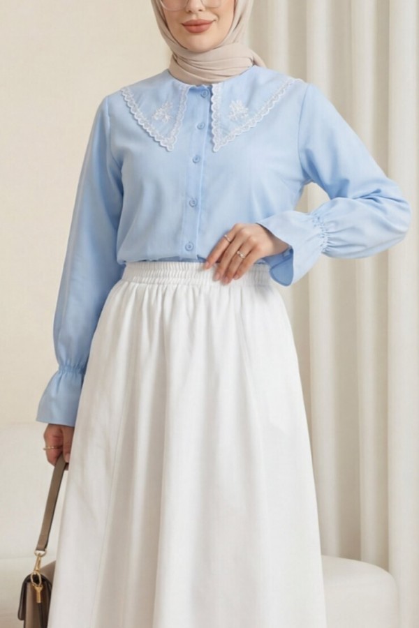 Peter Pan Collar Ruffled Poplin Shirt/Blouse with Elasticated Cuffs -Baby Blue