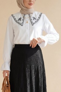 Bebe Yaka Fistolu Kolu Lastikli Poplin Gömlek Bluz -Beyaz