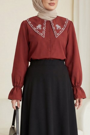 Peter Pan Collar Ruffled Poplin Shirt/Blouse with Elasticated Cuffs -Maroon