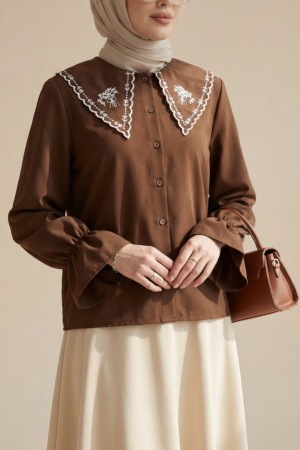 Peter Pan Collar Ruffled Poplin Shirt/Blouse with Elasticated Cuffs -Brown