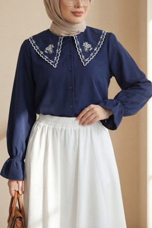 Peter Pan Collar Ruffled Poplin Shirt/Blouse with Elasticated Cuffs -Navy blue