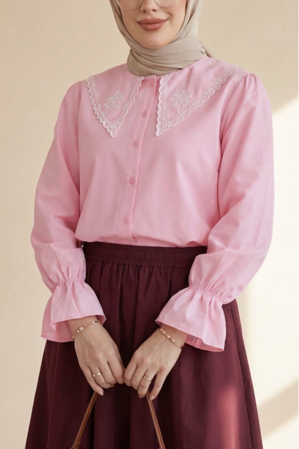 Peter Pan Collar Ruffled Poplin Shirt/Blouse with Elasticated Cuffs -Pink
