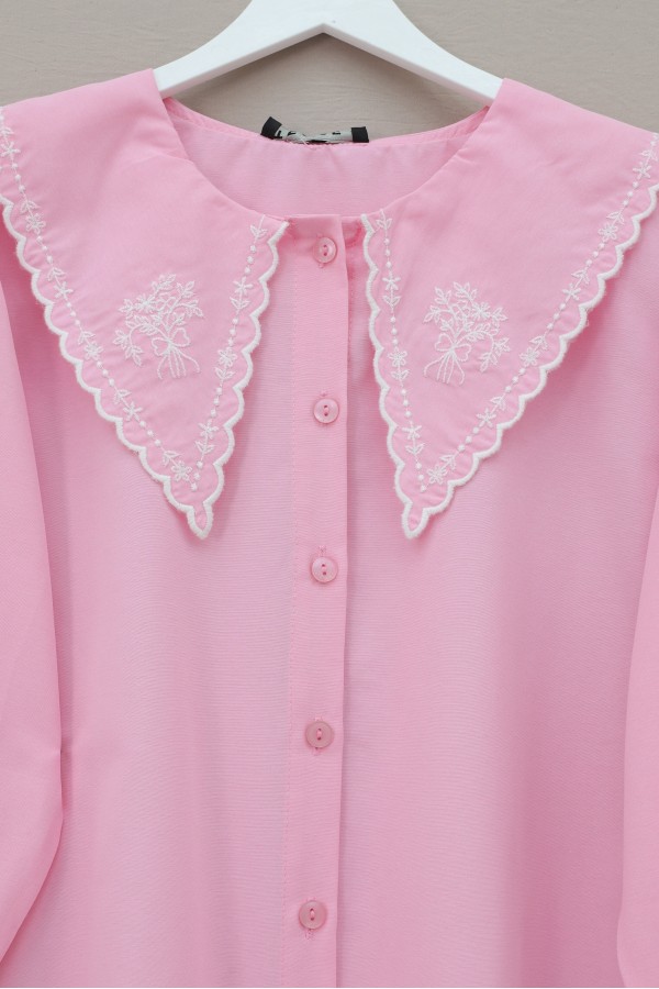 Bebe Yaka Fistolu Kolu Lastikli Poplin Gömlek Bluz -Pembe