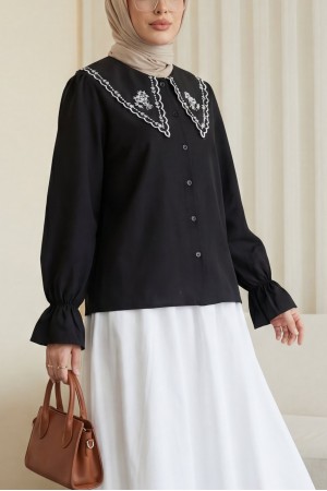 Peter Pan Collar Ruffled Poplin Shirt/Blouse with Elasticated Cuffs -Black