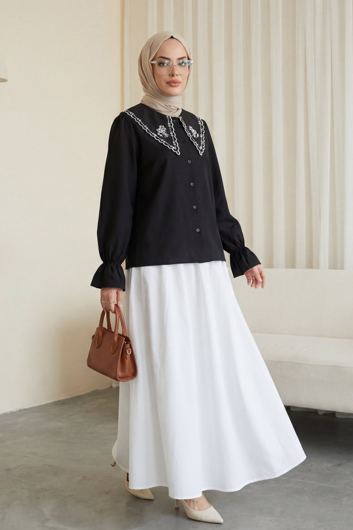 Peter Pan Collar Ruffled Poplin Shirt/Blouse with Elasticated Cuffs -Black