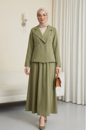Önü Çift Düğmeli Kruvaze Yaka Ceket Etek Double Krep Takım   -Çağla Y.