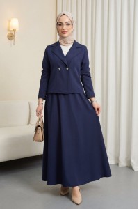 Önü Çift Düğmeli Kruvaze Yaka Ceket Etek Double Krep Takım   -Laci