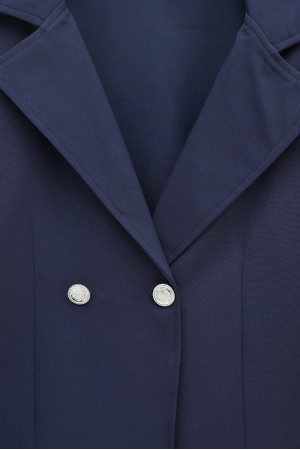 Double-front buttoned, double-breasted collar jacket and skirt set (double crepe). -Navy blue
