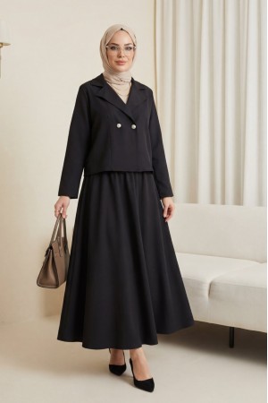 Önü Çift Düğmeli Kruvaze Yaka Ceket Etek Double Krep Takım   -Siyah