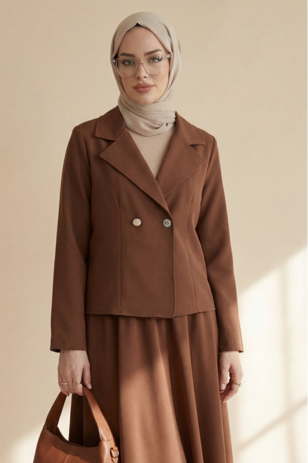 Double-front buttoned, double-breasted collar jacket and skirt set (double crepe). -Snuff