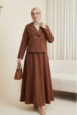 Önü Çift Düğmeli Kruvaze Yaka Ceket Etek Double Krep Takım   -Taba