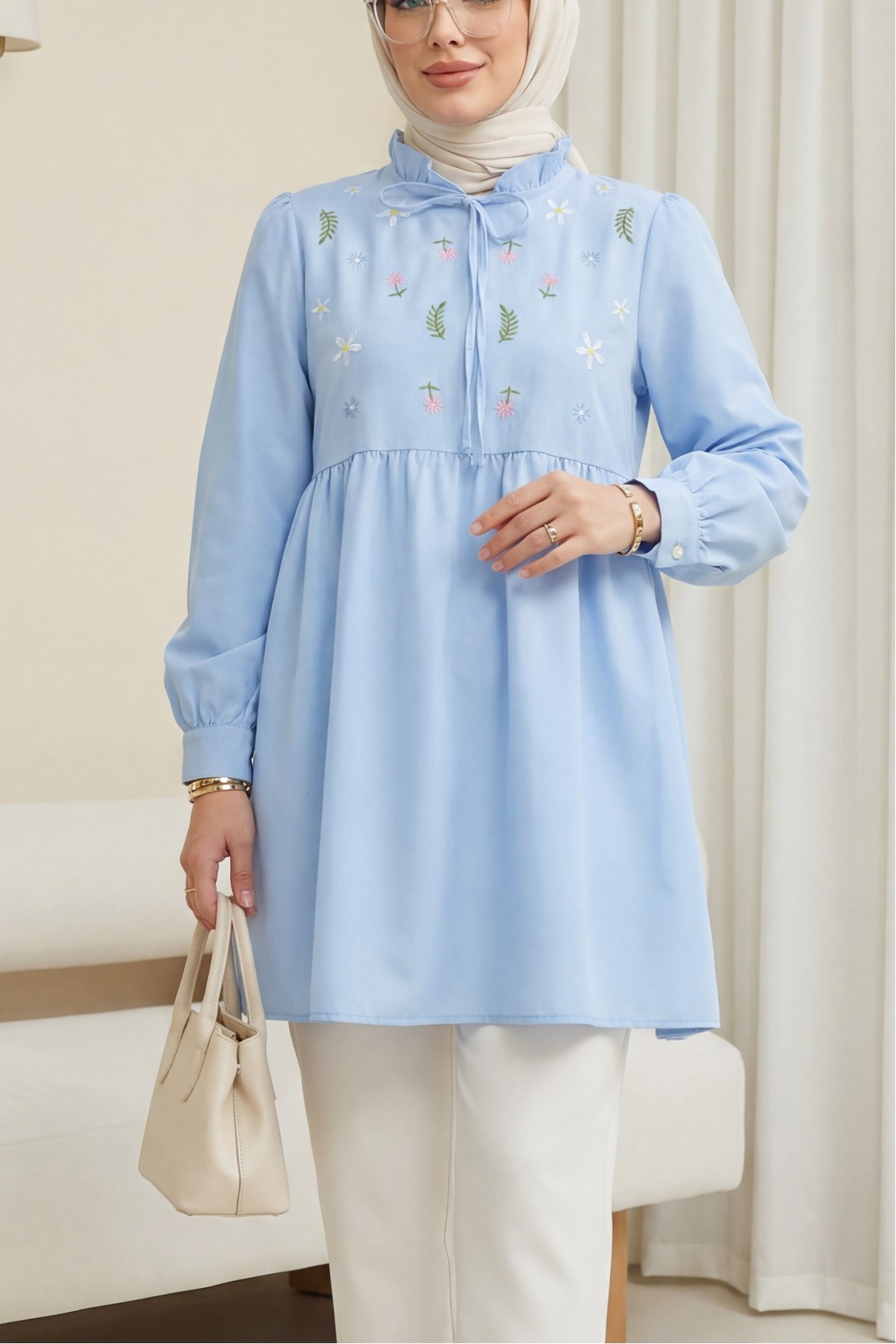 V-Neck Tie-Collar Ruffled Poplin Tunic with Floral Embroidery -Baby Blue