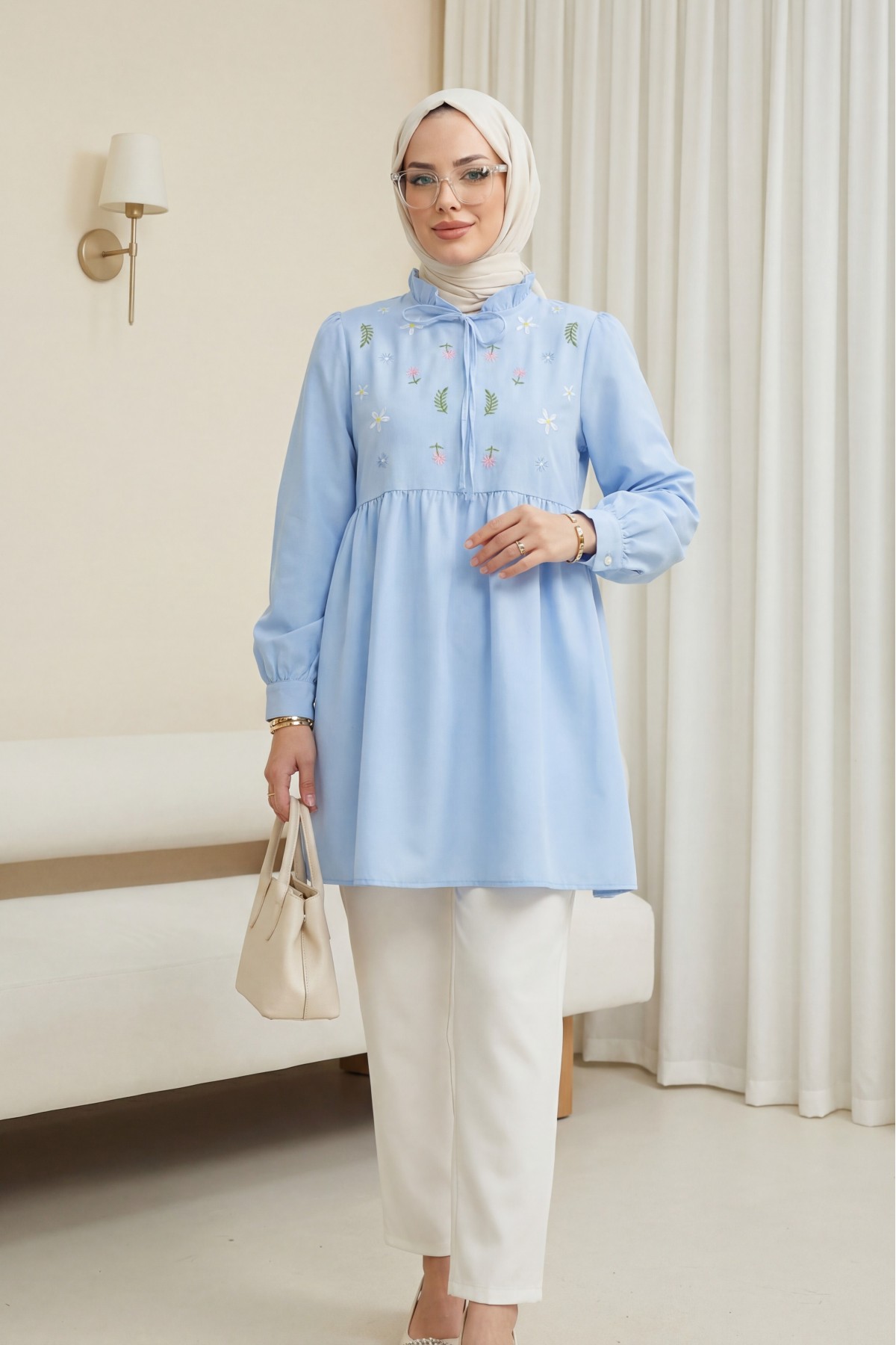 V-Neck Tie-Collar Ruffled Poplin Tunic with Floral Embroidery -Baby Blue