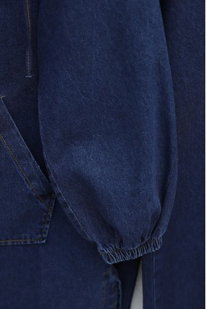 Kapşonlu Önü Fermuarlı Kolu Lastikli Cepli Kot Takım   -Koyu Mavi