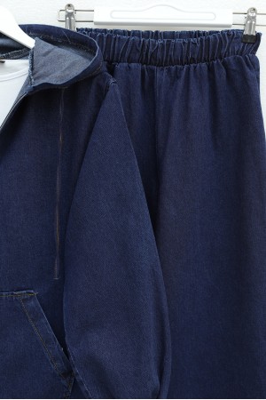 Kapşonlu Önü Fermuarlı Kolu Lastikli Cepli Kot Takım   -Koyu Mavi