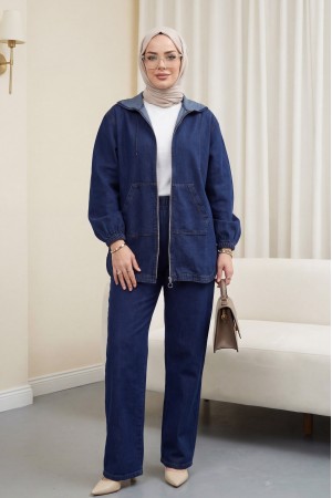 Kapşonlu Önü Fermuarlı Kolu Lastikli Cepli Kot Takım   -Koyu Mavi