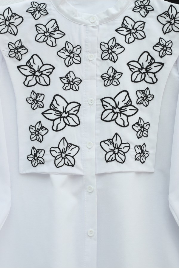 Plastron Detaylı Nakışlı Poplin Gömlek -Beyaz