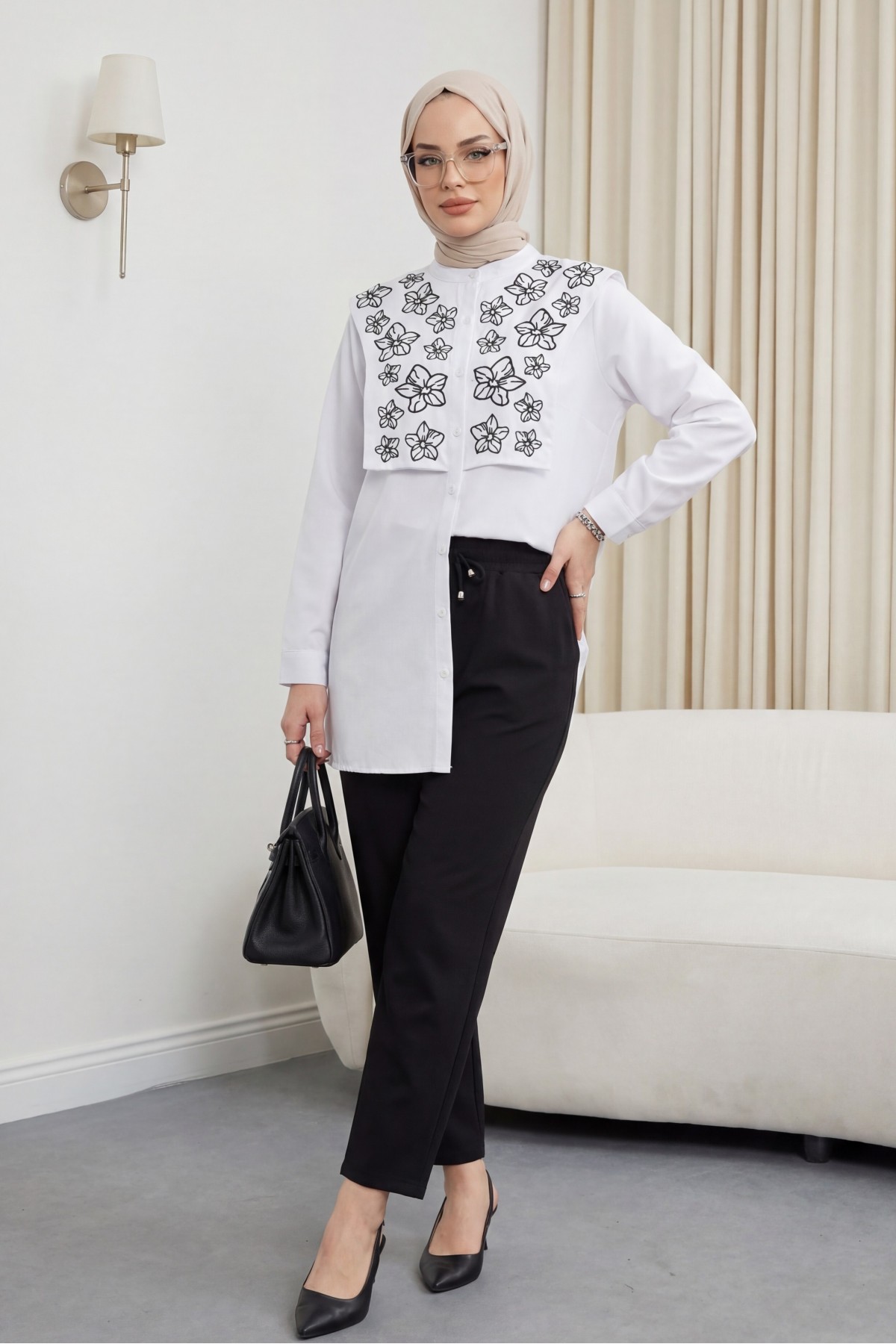 Plastron Detaylı Nakışlı Poplin Gömlek -Beyaz