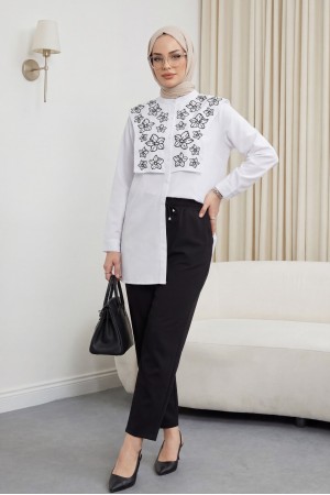 قميص بوبلين مطرز بتفاصيل دقيقة -أبيض