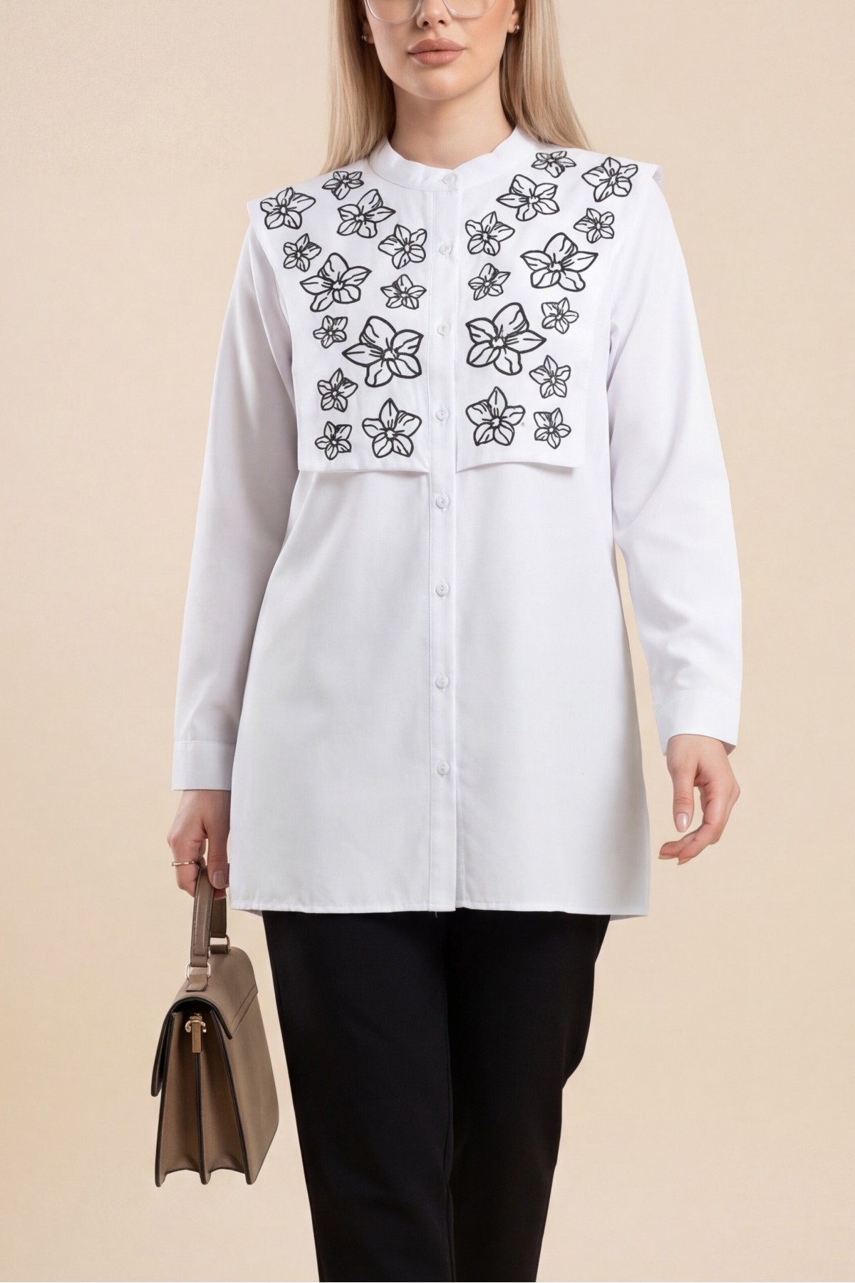 Plastron Detaylı Nakışlı Poplin Gömlek -Beyaz