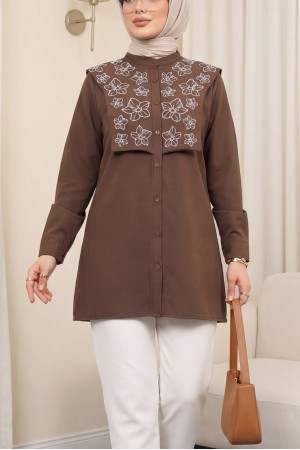 Plastron Detaylı Nakışlı Poplin Gömlek -Kahve