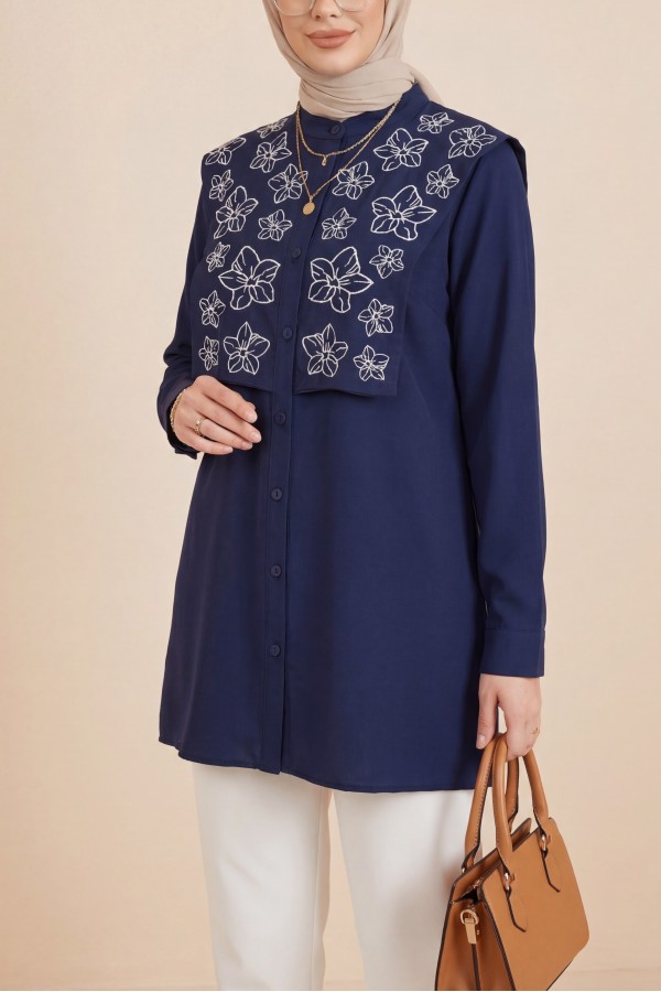 Plastron Detailed Embroidered Poplin Shirt -Navy blue