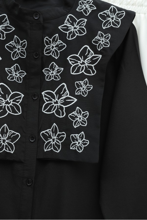 Plastron Detaylı Nakışlı Poplin Gömlek -Siyah