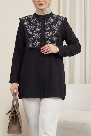 قميص بوبلين مطرز بتفاصيل دقيقة -أسود