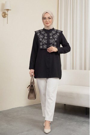 قميص بوبلين مطرز بتفاصيل دقيقة -أسود